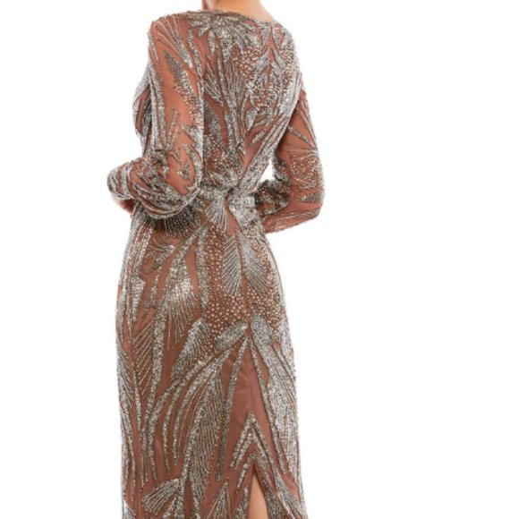 MAC DUGGAL BEADED LONG SLEEVE WRAP OVER MIDI MOCHA DRESS sz 14 - Picture 3 of 7